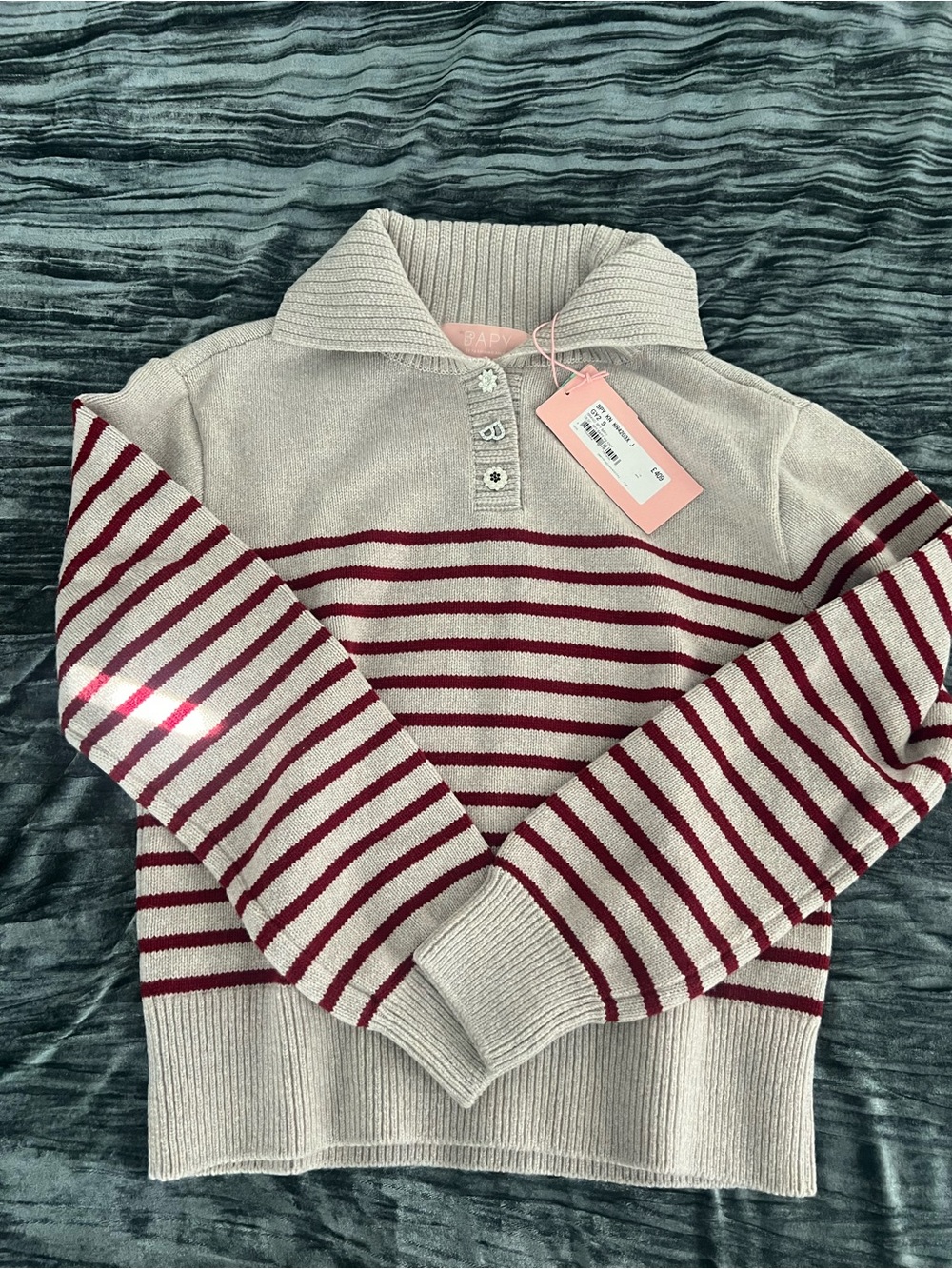 Bapy Striped Collar Knit Sweater - Cream & Burgundy Size S